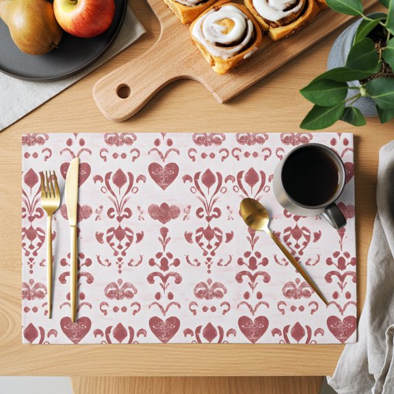 Romantic Damask Placemats Set of 2, French Country Red Heart Scroll Foliage Heat Insulated Linen Place Mats, Washable Stain-Proof Table Mats for Dining Tables Holiday Decor 13x19 Inches