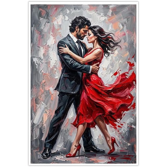 Romantic Dancing Couple Canvas Wall Art Print Passionate Red Dress Tango Dancers Artwork Picture for Living Room Bedroom Home Decor Modern Painting