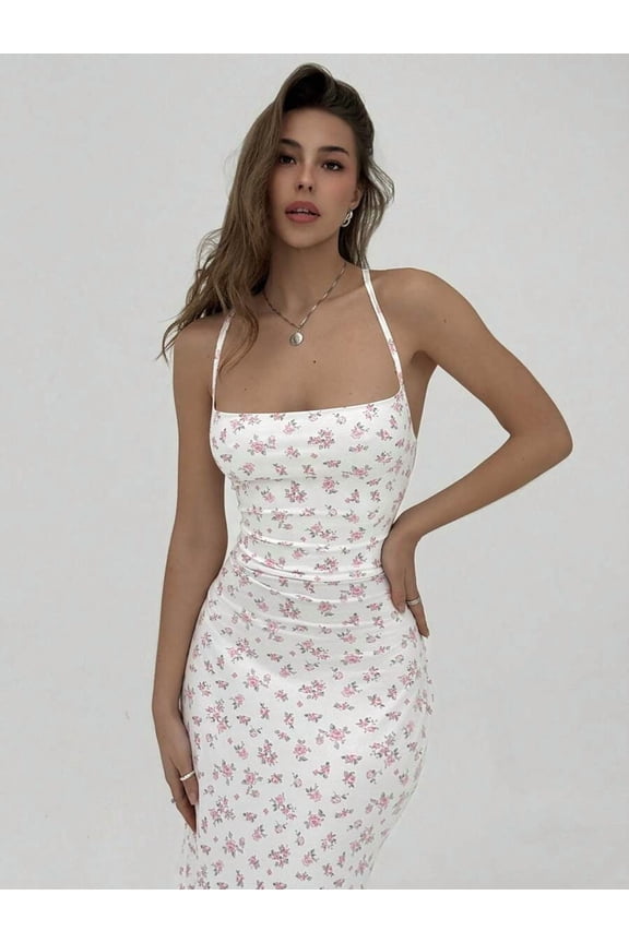 Romantic Date Ditsy Floral Camisole Backless Maxi Dress - White with Pink Daisy Pattern