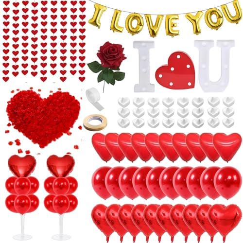 Romantic Decorations Special Night, Happy Anniversary Valentines Day Proposal Bedroom Decor, 2000 Rose Petals and Candles SetI Love You LED Light Sign, 148ft Red Heart StringsBalloons
