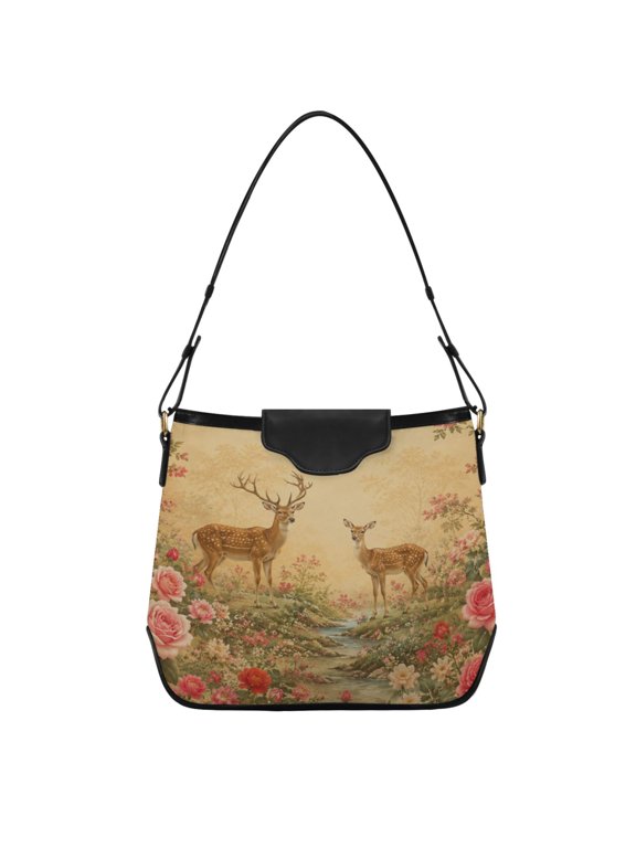Romantic Deer Floral Garden Women's Tote Bag Convertible Handbags Hobo Shoulder Bag with Zipper Magnetic Snap