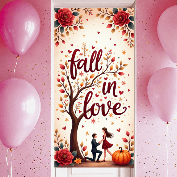 Romantic Design Fall in Love Proposal Banner Autumn Theme Decorative Floral Polyester for Engagement Outdoor Event Party
