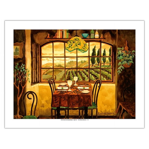Romantic Dinner in Tuscany - Italy - Italian Villa - From an Original Watercolor Painting by Robin Wethe Altman - Bamboo Fine Art 290gsm Paper (Unframed) 17x22in
