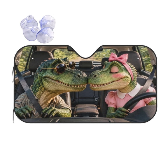 Romantic Dinosaur Windshield Sun Shade, Cute Dino Couple Kissing Design, Foldable Auto Sun Shade Visor UV Protection for SUV Sedan Truck Van Interior Decor