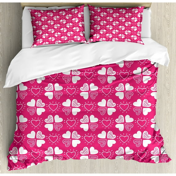 Romantic Duvet Cover Set, Continuous Hand Drawn Hearts as Clover Leaves Monochrome Valentine's Day, Decorative 3 Piece Bedding Set with 2 Pillow Shams, Calking Size, Hot Pink and White, by Ambesonne