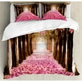thumbnail image 1 of Romantic Duvet Cover Set, Falling Petals over the Tunnel of Blossoming Flower Trees, Decorative 3 Piece Bedding Set with 2 Pillow Shams, Calking Size, Pink Dark Brown, by Ambesonne, 1 of 3