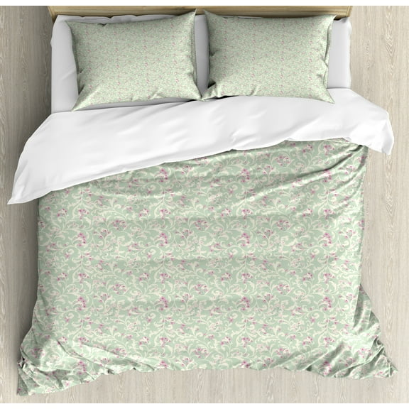 Romantic Duvet Cover Set, Flourish Vintage Garden of Curlicue Branches and Flora, Decorative 3 Piece Bedding Set with 2 Pillow Shams, King Size, Sage Green Pale Pink, by Ambesonne