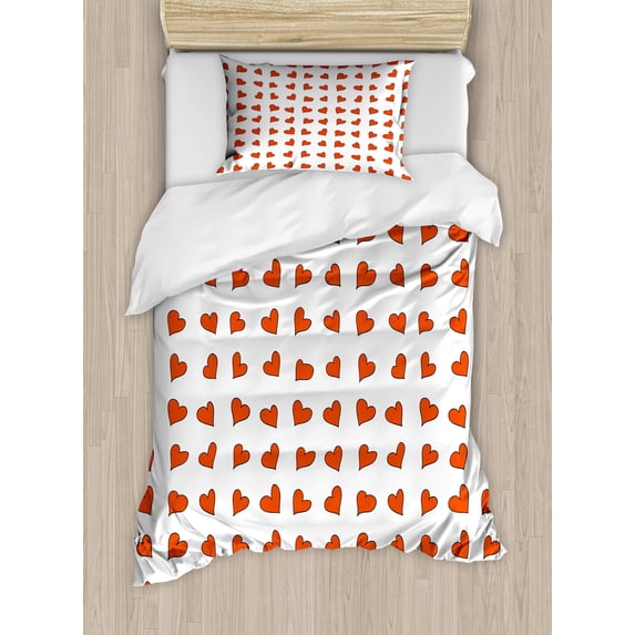 Romantic Duvet Cover Set, Heart Pattern Lovers Valentines Day Honeymoon Girls Doodle Design, Decorative 2 Piece Bedding Set with 1 Pillow Shams, Twin Size, Orange White, by Ambesonne