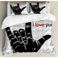 thumbnail image 1 of Romantic Duvet Cover Set, I Love You Message Hand Symbolic Gestures Rock N Roll Feelings, Decorative 3 Piece Bedding Set with 2 Pillow Shams, Queen Size, Charcoal Grey and Vermilion, by Ambesonne, 1 of 3