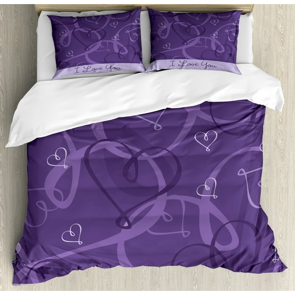Romantic Duvet Cover Set, Lavender Colored Adoration Themed Image Hand Drawn Hearts Print, Decorative 3 Piece Bedding Set with 2 Pillow Shams, Queen Size, Eggplant Purple, by Ambesonne