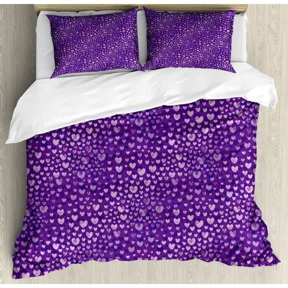 Romantic Duvet Cover Set, Love Themed Repetitive Style Hearts Pattern in Shading Romantic Art, Decorative 3 Piece Bedding Set with 2 Pillow Shams, Calking Size, Violet and Purple, by Ambesonne
