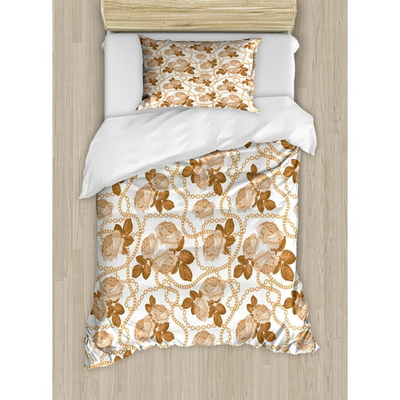 Romantic Duvet Cover Set, Monochrome Demonstration of Blooming Roses Leaves and Chain Like Flows, Decorative 2 Piece Bedding Set with 1 Pillow Shams, Twin Size, Pastel Brown Caramel, by Ambesonne