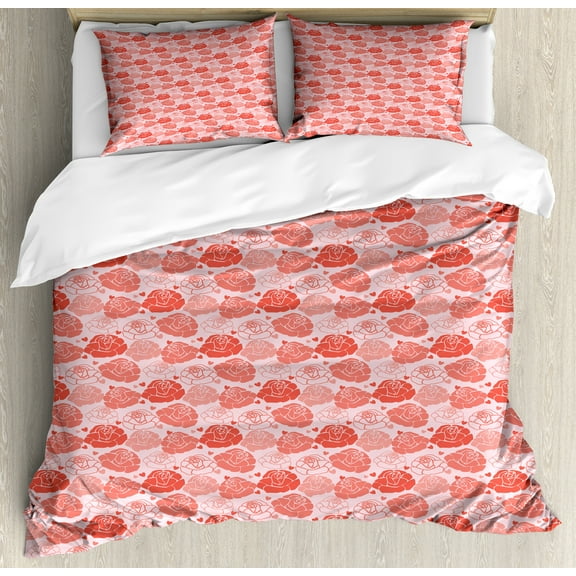 Romantic Duvet Cover Set, Repeating Love Theme with Roses and Little Hearts Valentine's Day, Decorative 3 Piece Bedding Set with 2 Pillow Shams, Calking Size, Rose Coral, by Ambesonne