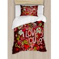 thumbnail image 1 of Romantic Duvet Cover Set, Retro Funky I Love You Words on Hearts Arrows Baloons Birhday Image, Decorative 2 Piece Bedding Set with 1 Pillow Shams, Twin Size, Coral Burgundy Yellow, by Ambesonne, 1 of 3