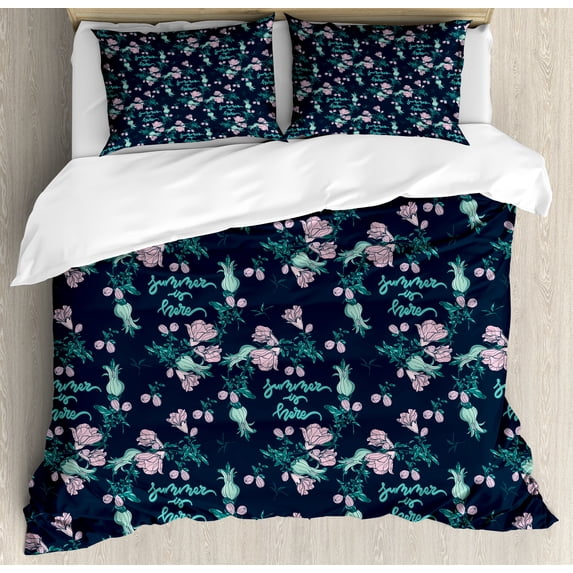 Romantic Duvet Cover Set, Summer is Here Message with Blossoming Pomegranate Fruits Tree, Decorative 3 Piece Bedding Set with 2 Pillow Shams, Queen Size, Pale Pink Dark Petrol Blue, by Ambesonne