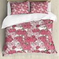 thumbnail image 1 of Romantic Duvet Cover Set, Valentine's Day Rose Blossoms and Leaves in Repetitive Pattern Image, Decorative 3 Piece Bedding Set with 2 Pillow Shams, King Size, White Green Pastel Pink, by Ambesonne, 1 of 3