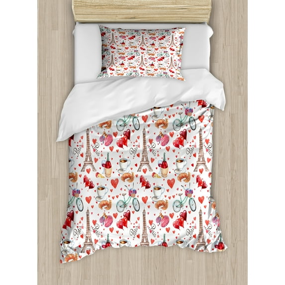 Romantic Duvet Cover Set, Valentines Day Love Themed Paris Coffee Wine Parfumes Bikes with Heart Backdrop, Decorative 2 Piece Bedding Set with 1 Pillow Shams, Twin Size, Multicolor, by Ambesonne