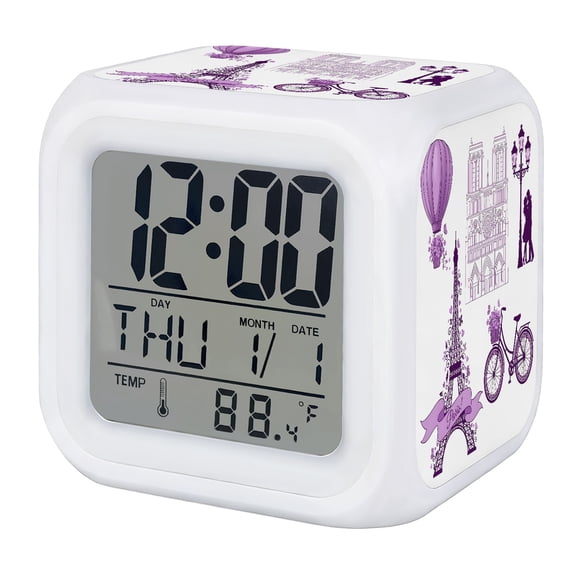 Romantic Eiffel Tower Digital Alarm Clock for Bedrooms,Smart LED Alarm Clock with 7 Color Changing Night Light,Couple Purple Vintage Floral Bicycle Silent Wake Up Clocks for Sleep Study 3.2"x3.2"