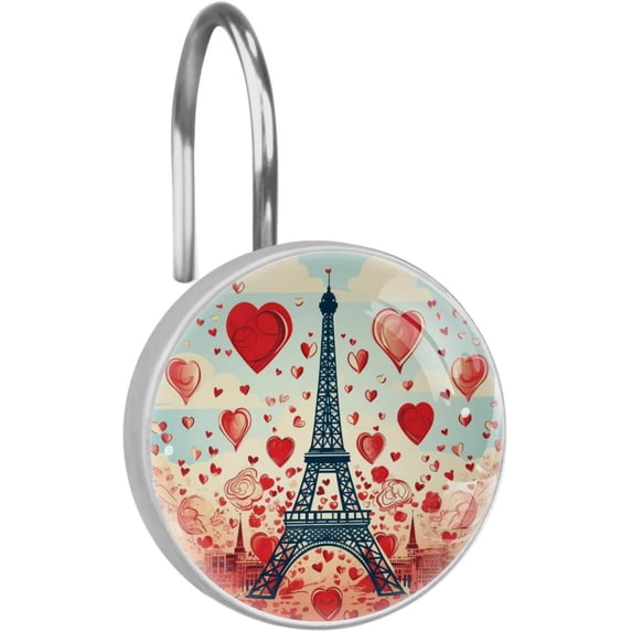 Romantic Eiffel Tower Red Heart Rolling Shower Curtain Hooks, Clear Crystal Glass Art Decorative Stainless Bath Bathroom Set 12 Pcs