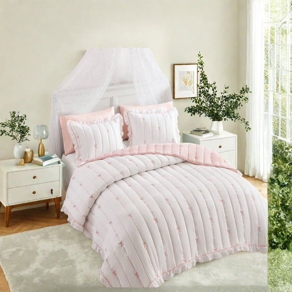 Romantic Embroidered Bedding Sets Microfiber Full/Queen Quilt with Ruffle Trim for Cozy Bedrooms