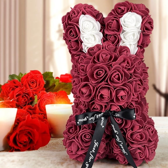 Romantic Eternal Flower Hug Rabbit - Simulation Rose Plastic Flower Bouquet 6.6*6.2*9.8 Inches Daily or Valentine's Day Romantic Gift for Lover, Eternal Love to Who You Love