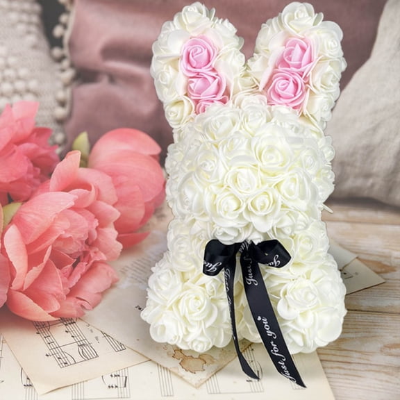 Romantic Eternal Flower Hug Rabbit - Simulation Rose Plastic Flower Bouquet 6.6*6.2*9.8 Inches Daily or Valentine's Day Romantic Gift for Lover, Eternal Love to Who You Love