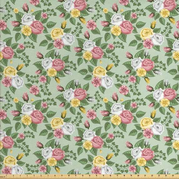 Romantic Fabric by the Yard, English Garden Art Themed Floral Details Pattern with Romantic Roses, Decorative Upholstery Fabric for Sofas and Home Accents, Pale Green Multicolor by Ambesonne