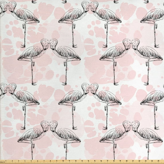 Ambesonne Flamingo Fabric by the Yard Upholstery, Hearts Love Valentines, 3 Yards, Pale Pink Grey