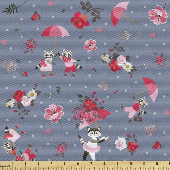 Ambesonne Romantic Fabric by the Yard Upholstery, Funny Raccoons Couple Cat, 10 Yards, Red Pink and Blue Grey