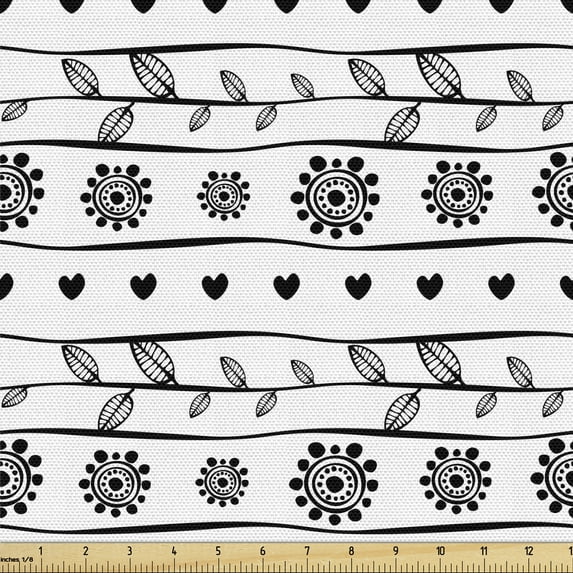 Romantic Fabric by the Yard, Horizontal Art Borders with Ornate Flower Leaves and Little Hearts, Upholstery Fabric for Dining Chairs Home Decor Accents, 10 Yards, Black and White by Ambesonne