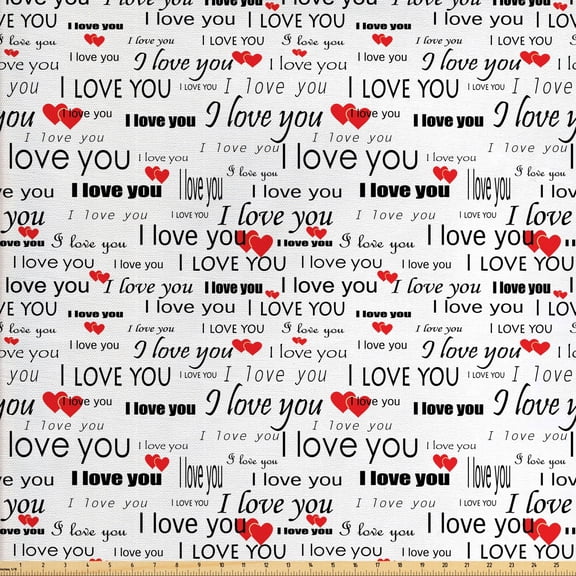 Romantic Fabric by the Yard, I Love You Words Hearts Romance Couple Valentine Plain Backdrop, Decorative Upholstery Fabric for Chairs & Home Accents, Vermilion Black White by Ambesonne