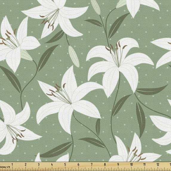 Ambesonne Romantic Fabric by the Yard Upholstery, Lilly Bouquet Design, 3 Yards, Pistachio Green White