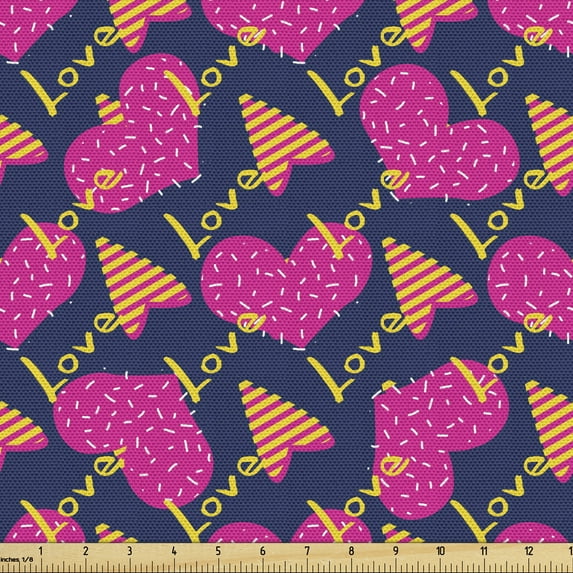 Ambesonne Romantic Fabric by the Yard Upholstery, Love Hearts Party Design, 1 Yard, Magenta Night Blue and Yellow
