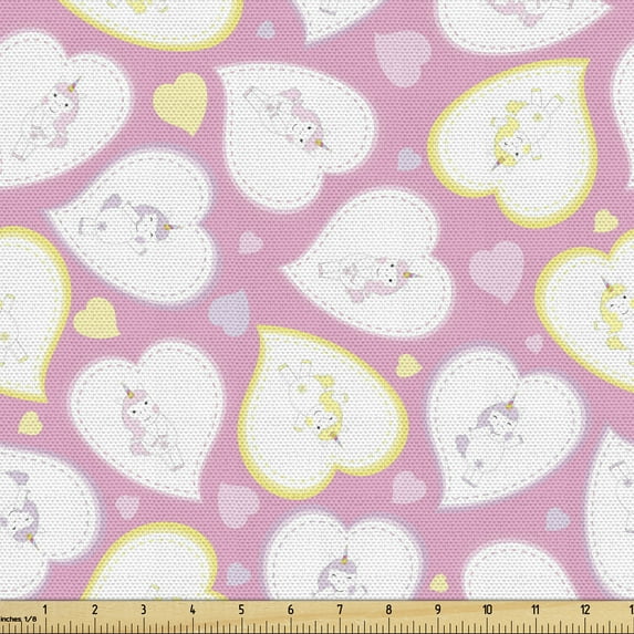 Romantic Fabric by the Yard, Love Theme Unicorns in Hearts for Valentines Day, Upholstery Fabric for Dining Chairs Home Decor Accents, Pale Pink Pastel Yellow Pale Mauve by Ambesonne
