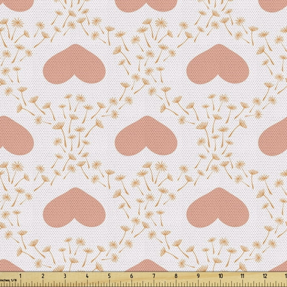 Ambesonne Romantic Fabric by the Yard Upholstery, Pastel Heart and Dandelion, 5 Yards, Salmon Pale Pink