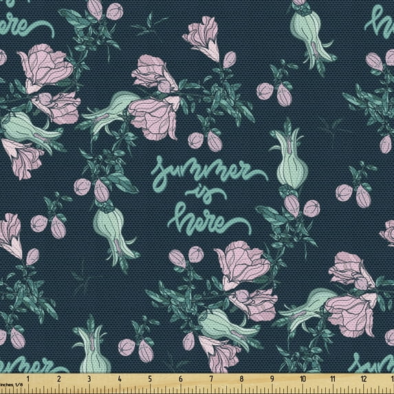 Ambesonne Romantic Fabric by the Yard Upholstery, Summer is Here Flowers, 3 Yards, Pale Pink Dark Petrol Blue