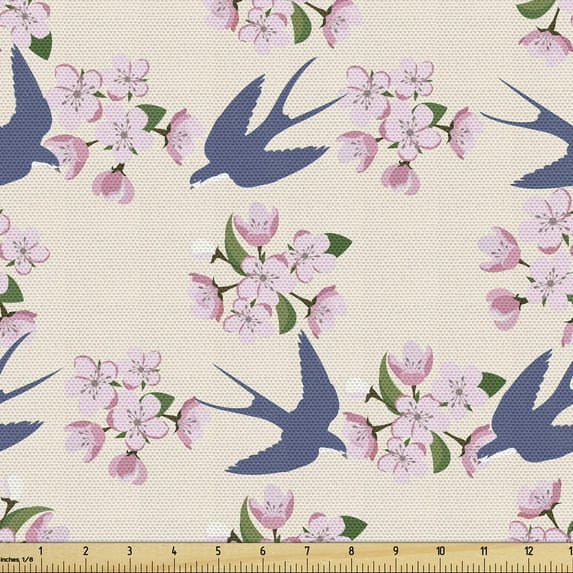 Ambesonne Romantic Fabric by the Yard Upholstery, Flowers and Swallow, 5 Yards, Indigo Champagne