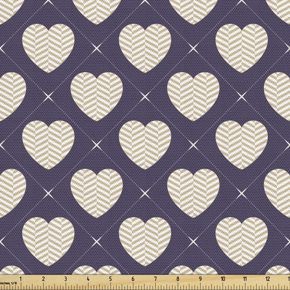 Ambesonne Romantic Fabric by the Yard Upholstery, Pastel Hearts Wavy Ornate, 1 Yard, Eggplant and Beige