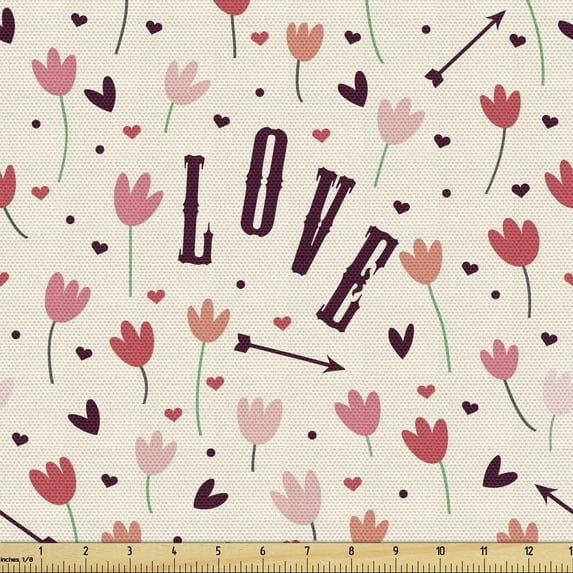 Romantic Fabric by the Yard Upholstery, Love Lettering and Tulip Bouquets Doodle Summer Garden Blossoms, Decorative Fabric for DIY and Home Accents, Champagne and Multicolor by Ambesonne