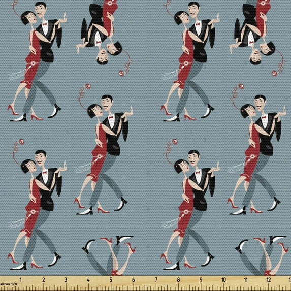 Ambesonne Romantic Fabric by the Yard Upholstery, Couple Dancing Tango Love, 1 Yard, Red Grey Slate Blue