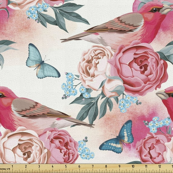 Romantic Fabric by the Yard, Vintage Pastel Finch Birds Rose Blossoms and Butterflies Wedding Celebration, Decorative Upholstery Fabric for Sofas and Home Accents, Pink Cadet Blue by Ambesonne