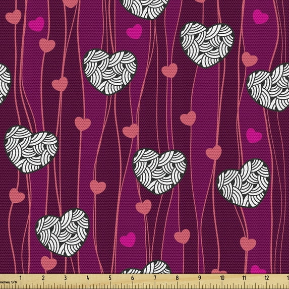 Ambesonne Romantic Fabric by the Yard Upholstery, Zentangle Hearts, 10 Yards, Magenta Raspberry White