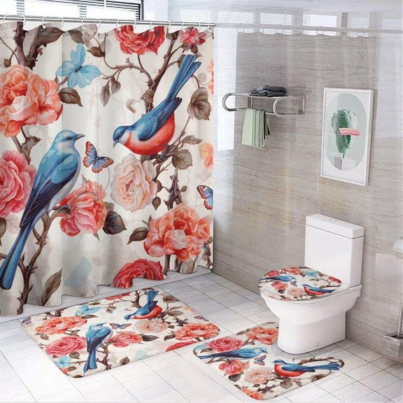 Romantic Fancy Floral Birds Butterfly Bathroom Sets with Shower Curtain And Rugs 4 Piece Shower Curtain Sets Bathroom Decor Set with Rugs Toilet Lid Cover And Bath Mat Incl Shower Curtain with 12 Hoo