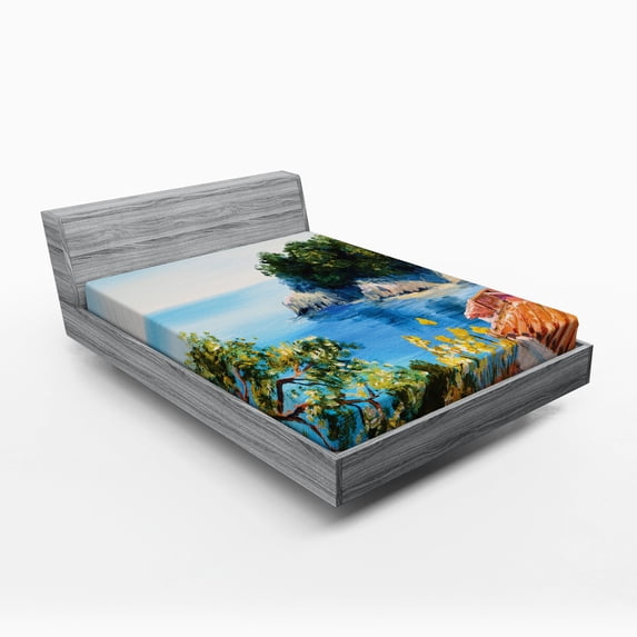 Ambesonne Romantic Fitted Sheet, Mediterranean Scenery, Full Size, Blue Green Orange