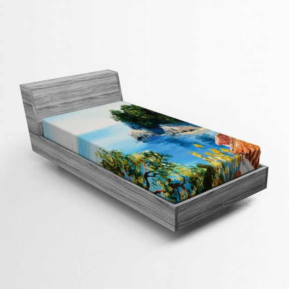 Ambesonne Romantic Fitted Sheet, Mediterranean Scenery, Twin Size, Blue Green Orange