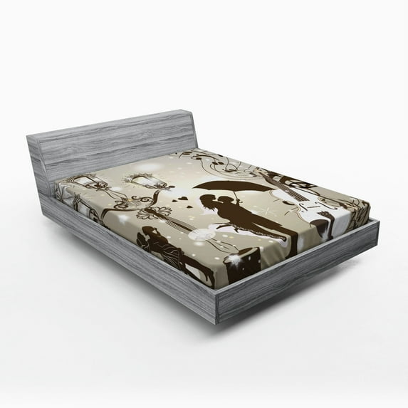 Romantic Fitted Sheet, Kissing Couples on Street Lanterns Violin Music Notes Love Theme Graphic, Soft Decorative Fabric Bedding, Queen Size, Dust Dark Taupe, by Ambesonne