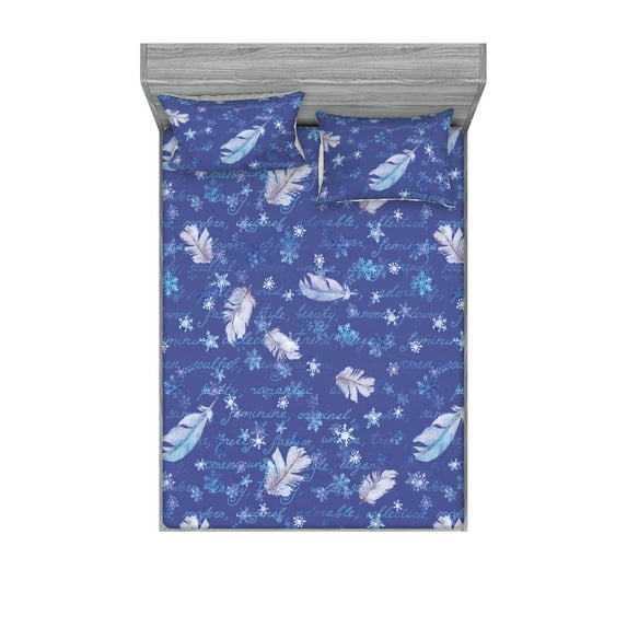 Romantic Fitted Sheet & Pillow Sham Set, Feather Pattern on Cursive Writing Vintage Design Script Words Back, Decorative Printed 3 Piece Bedding Decor, Queen, Dark Ceil Blue Pale Mauve, by Ambesonne