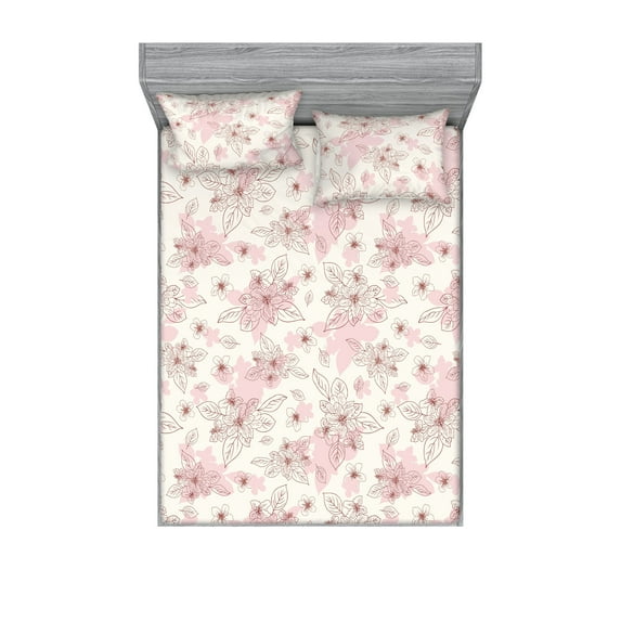 Romantic Fitted Sheet & Pillow Sham Set, Pastel Colors Flowers Vintage Pattern With Lines on Spring Inspired Pinky Back, Decorative Printed 3 Piece Bedding Decor, King, Cream Blush, by Ambesonne