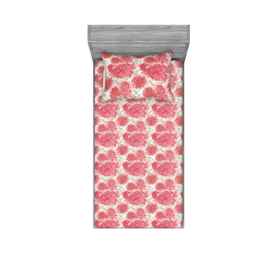 Romantic Fitted Sheet & Pillow Sham Set, Valentines Day Kiss Love Me and You Lettering with Blooming Flowers, Decorative Printed 2 Piece Bedding Decor, Twin, Pastel Pink Grey Eggshell, by Ambesonne