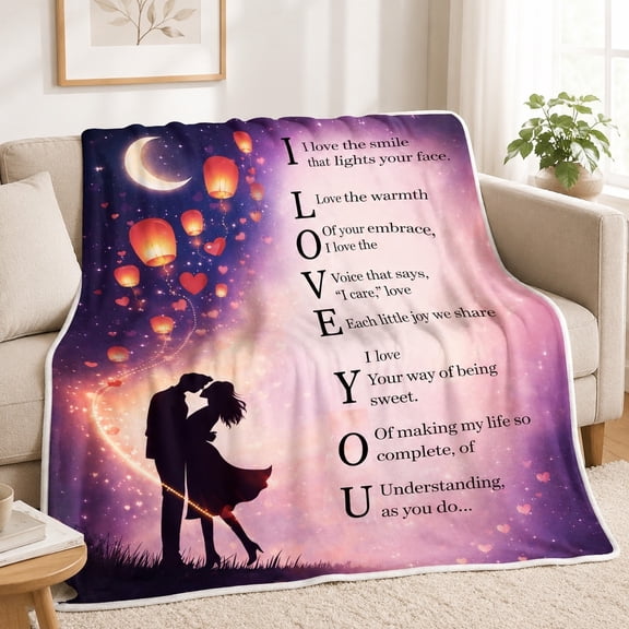 Romantic Fleece Blanket, Polyester Fleece Throw, Love Poem Couple Print, 280 GSM, 30x40 to 60x80 in